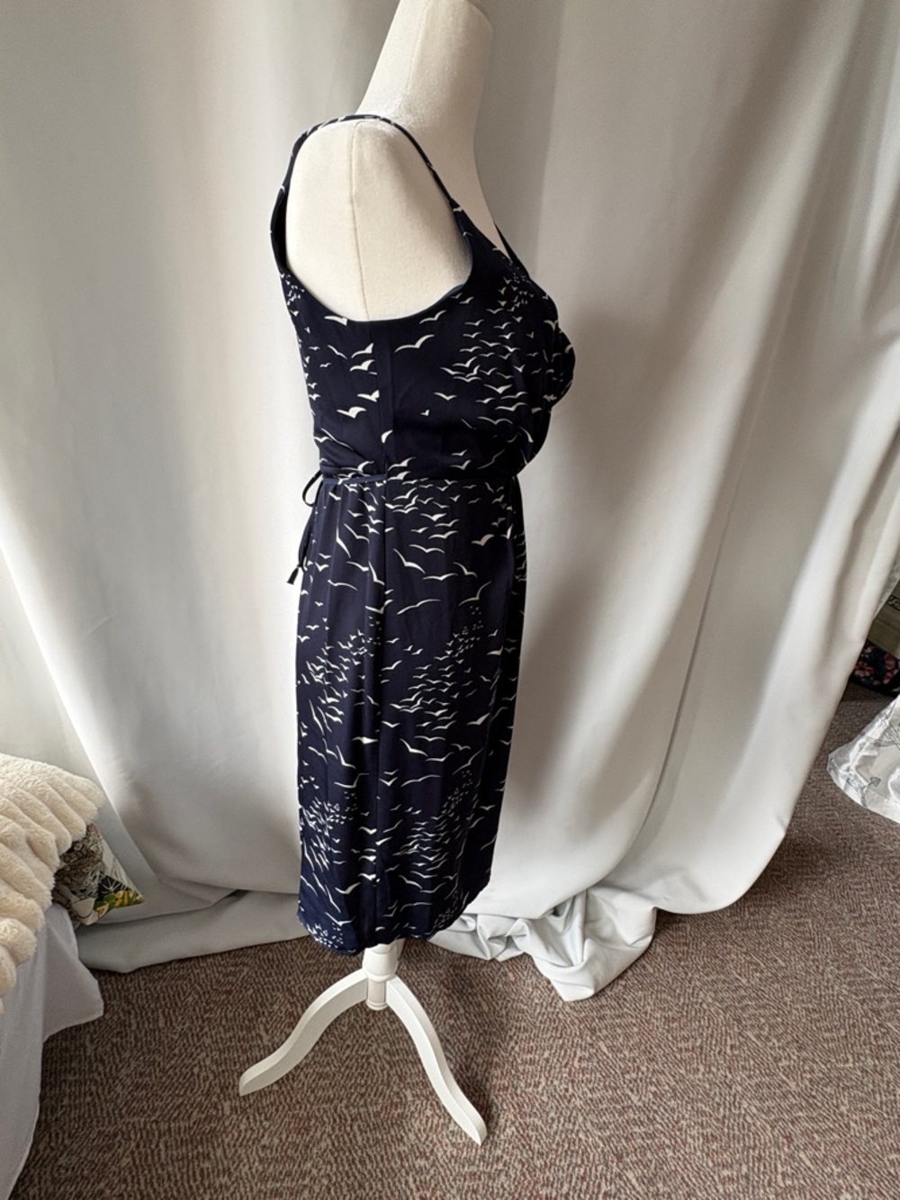 BCBGeneration Navy and White Bird-Print Midi Dress with Wrap Tie Closure - Picture 2 of 8